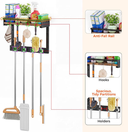 Broom Holder Wall Mount with Shelf, Black, L | 3 in 1 Broom and Mop Organizer, Wall Hanging, For Laundry, Garage, Utility, Vacuum Stand Alternative
