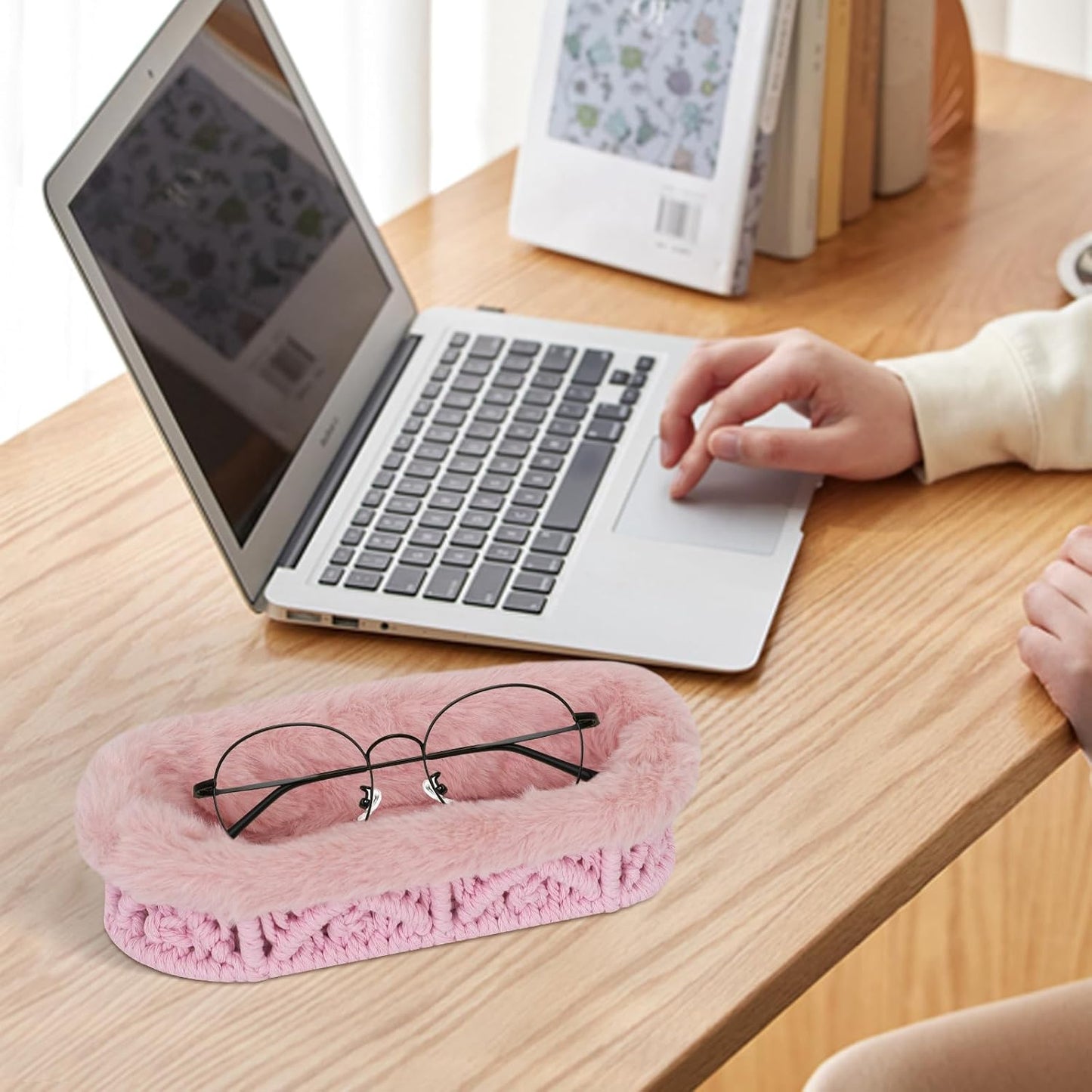 Glasses Holder, Anti-scratch Plush Lined Eyeglass Holder Stand | Oval Eye-glasses Storage Organizer Case for Nightstand, Office Desk, Bedside Table, Beige