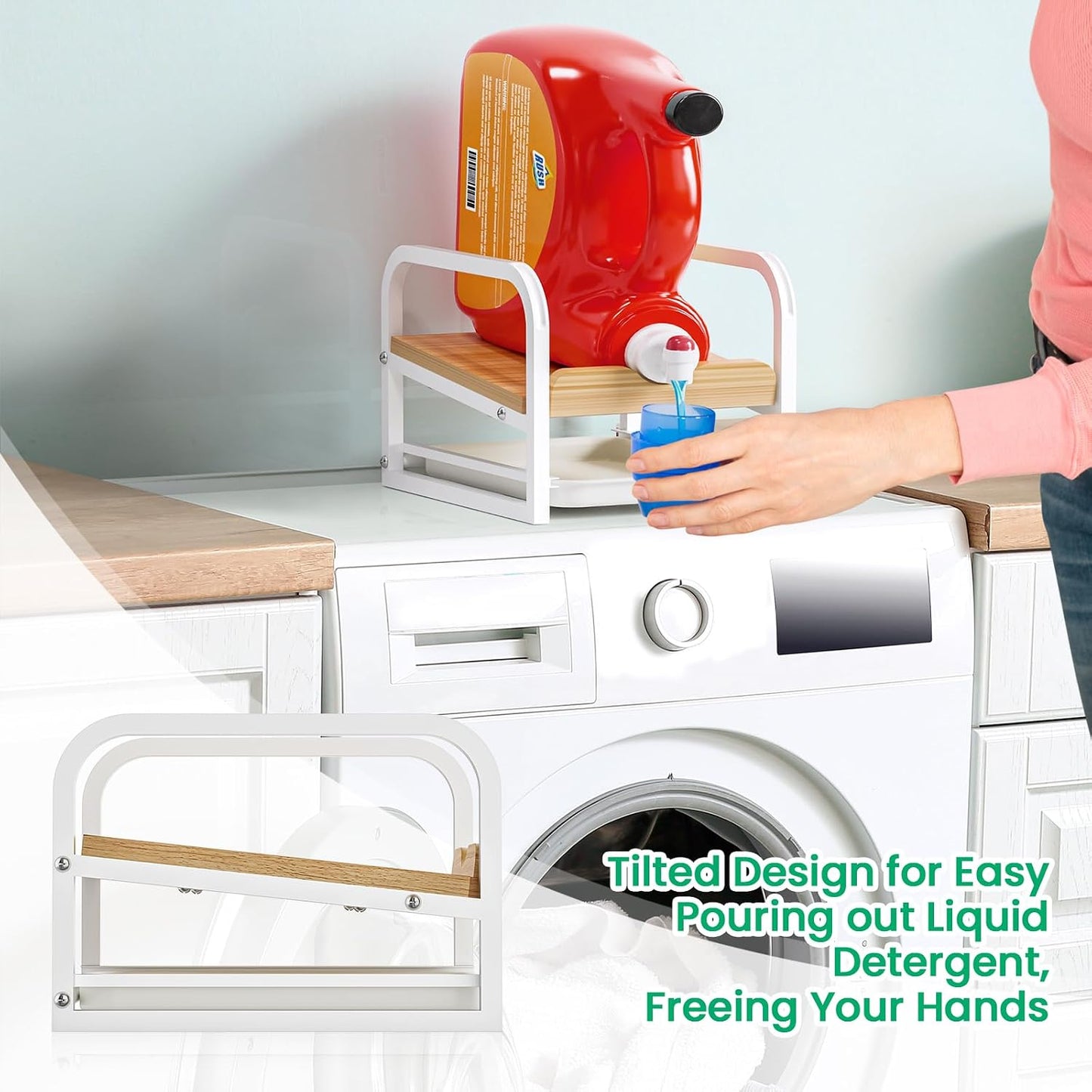 Laundry Detergent Holder Stand, Liquid Detergent Dispenser Shelf Organizer with Cleanable Drip Tray, Liquid Holder Stand Catcher for Laundry Room Organization and Storage (Flat-BlackWhite)