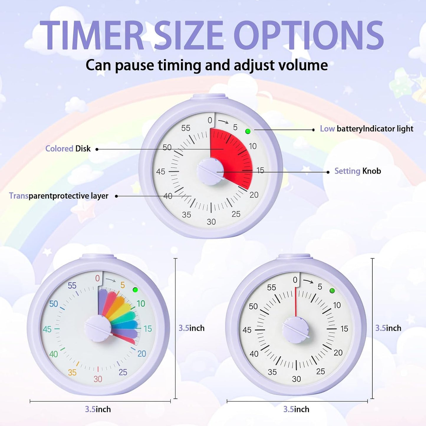 Visual Timer for Kids 60 Minute Countdown Timer Rainbow Disk Desk Timer Clock for Classroom Study Office Kitchen with Silent Operation (Purple)