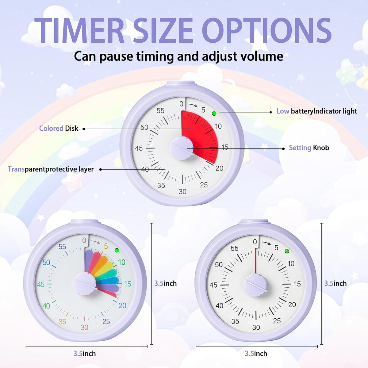 Visual Timer for Kids 60 Minute Countdown Timer Rainbow Disk Desk Timer Clock for Classroom Study Office Kitchen with Silent Operation (Purple)