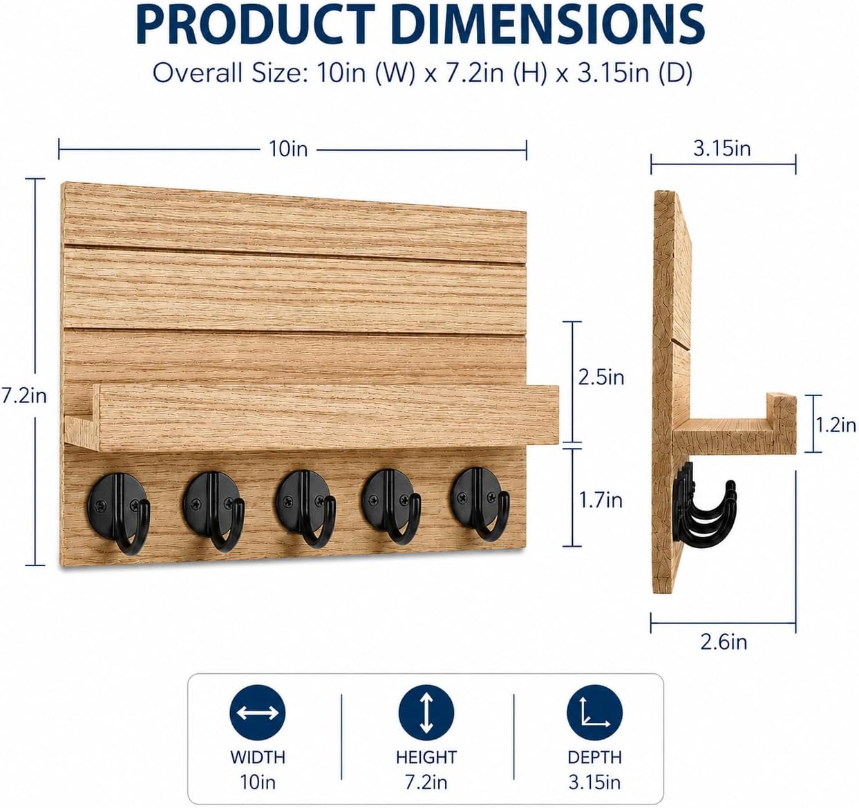 Key Holder for Wall, Decorative Key and Mail Holder, Key Holder Wall Mount with Shelf and Large Hooks, Easy Installation Key Rack for Entryway and Home Decor