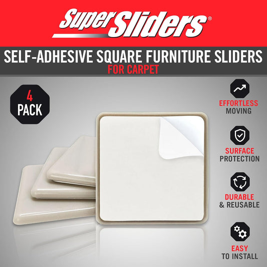 Super Sliders 2-1/2" Self-Stick Square Furniture Sliders for Carpet and Hard Surfaces, Anti-Slip Adhesive Furniture Moving Pads for Beds, Sofas, Dressers, Set of 4, Beige