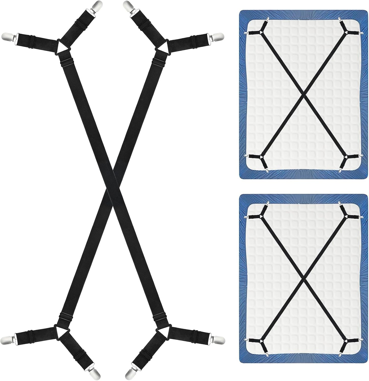 CHRORINE Bed Sheet Holder Straps Adjustable Sheet Fasteners Clips Keep Bedding Stays in Place, 4 Pcs/Set, Black