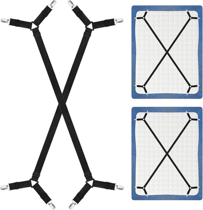CHRORINE Bed Sheet Holder Straps Adjustable Sheet Fasteners Clips Keep Bedding Stays in Place, 4 Pcs/Set, Black