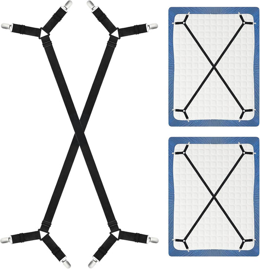 CHRORINE Bed Sheet Holder Straps Adjustable Sheet Fasteners Clips Keep Bedding Stays in Place, 4 Pcs/Set, Black