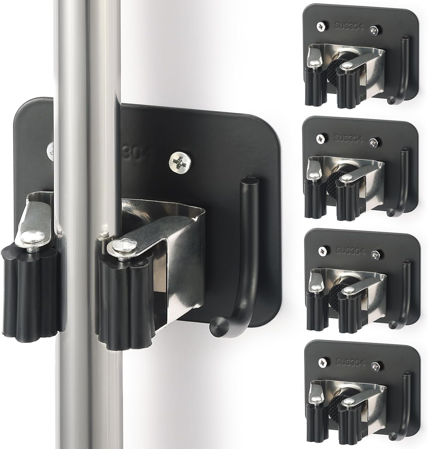 Stainless Steel Broom Holder, Heavy Duty, Rust Resistant, 4 Gripper Positions with 4 Hooks, Black | Drill-Mounted Gripper Rack Holds Brooms, Mops and Garden Tools Safely in the Laundry Room, Kitchen, Garage, Garden and Shed