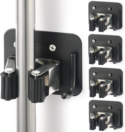Stainless Steel Broom Holder, Heavy Duty, Rust Resistant, 4 Gripper Positions with 4 Hooks, Black | Drill-Mounted Gripper Rack Holds Brooms, Mops and Garden Tools Safely in the Laundry Room, Kitchen, Garage, Garden and Shed