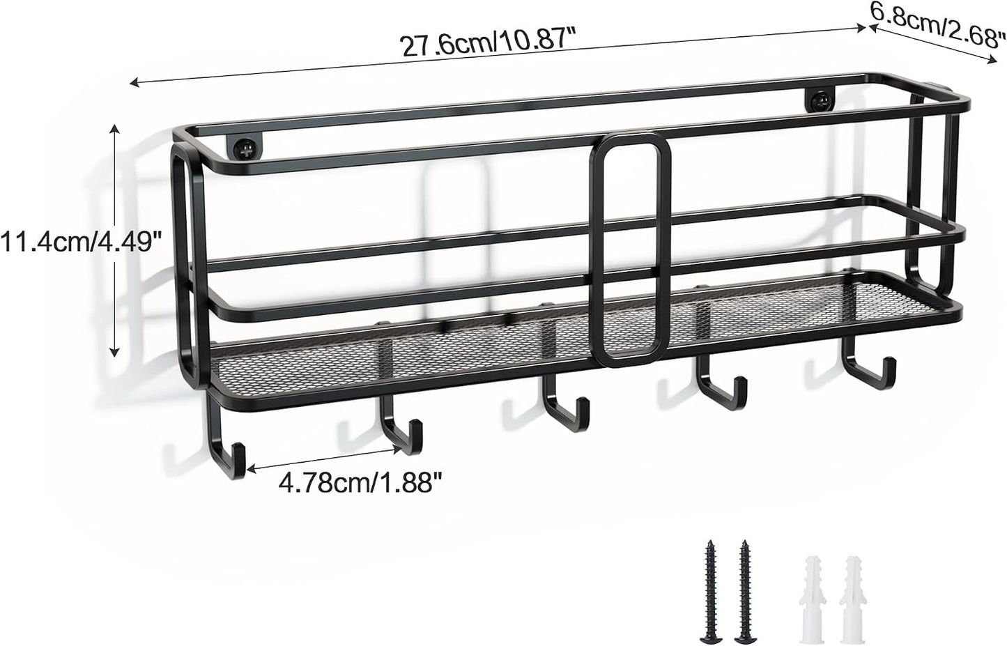 SRIWATANA Key Holder Wall Mount with 5 Hooks, Metal Mail Organizer, Black | Key Hooks for Wall, Mail Storage Basket, 10.8''L x 2.6''W x 4.5''H, Mail Holder for Wall for Home Office Entryway Hallway