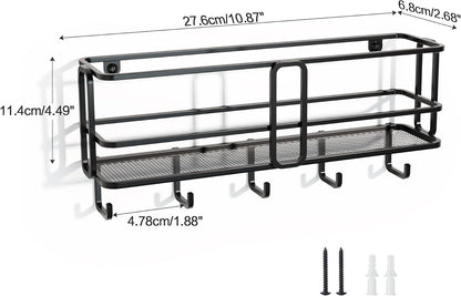 SRIWATANA Key Holder Wall Mount with 5 Hooks, Metal Mail Organizer, Black | Key Hooks for Wall, Mail Storage Basket, 10.8''L x 2.6''W x 4.5''H, Mail Holder for Wall for Home Office Entryway Hallway