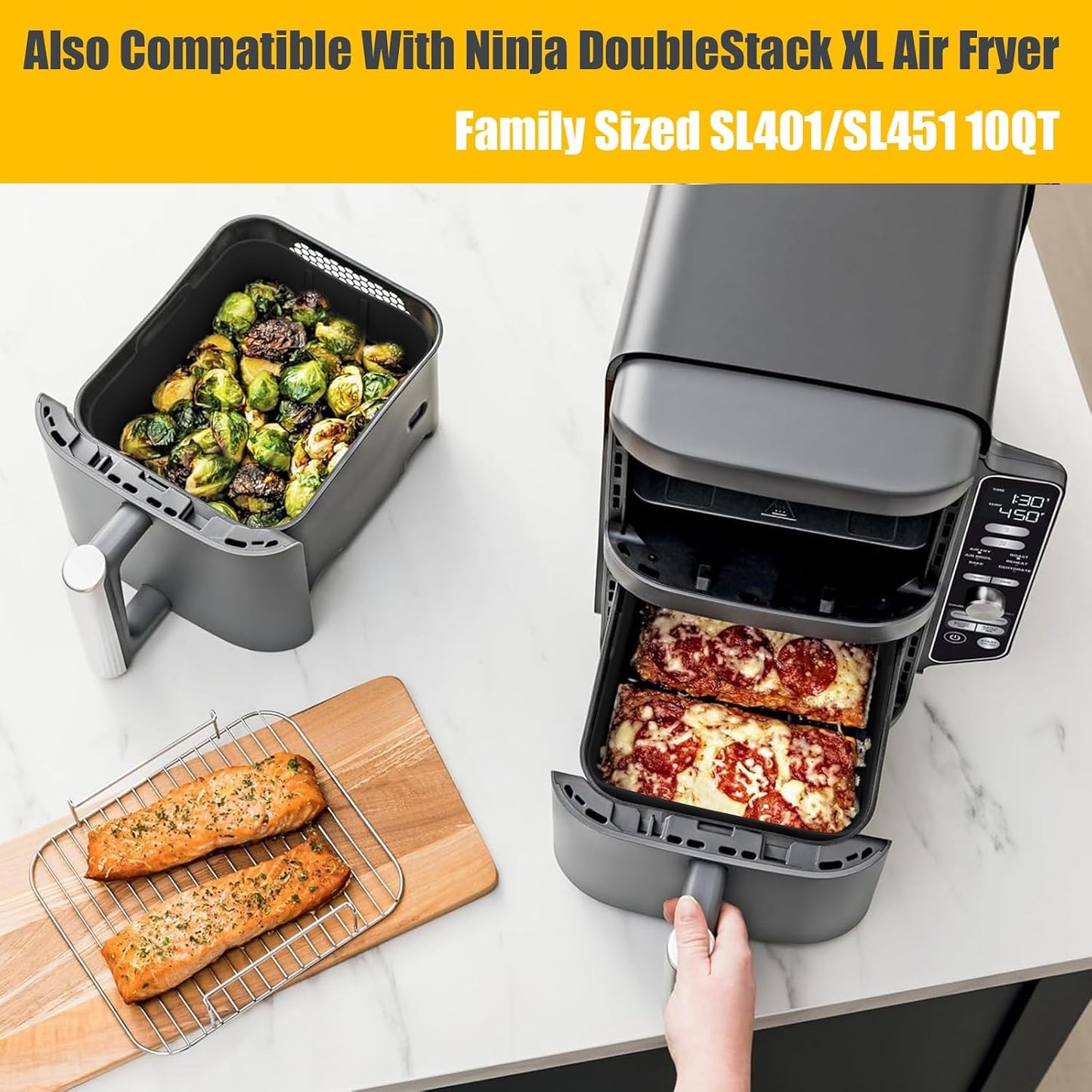 2Pcs Air Fryer Silicone Liners Rectangular for Ninja Foodi Dual DZ201 8QT | DZ090 6QT/Ninja DoubleStack SL201 8QT, MMH Reusable Airfryer Pot Baking Basket | Non-stick | Easy Cleaning | Food Safe | Gray
