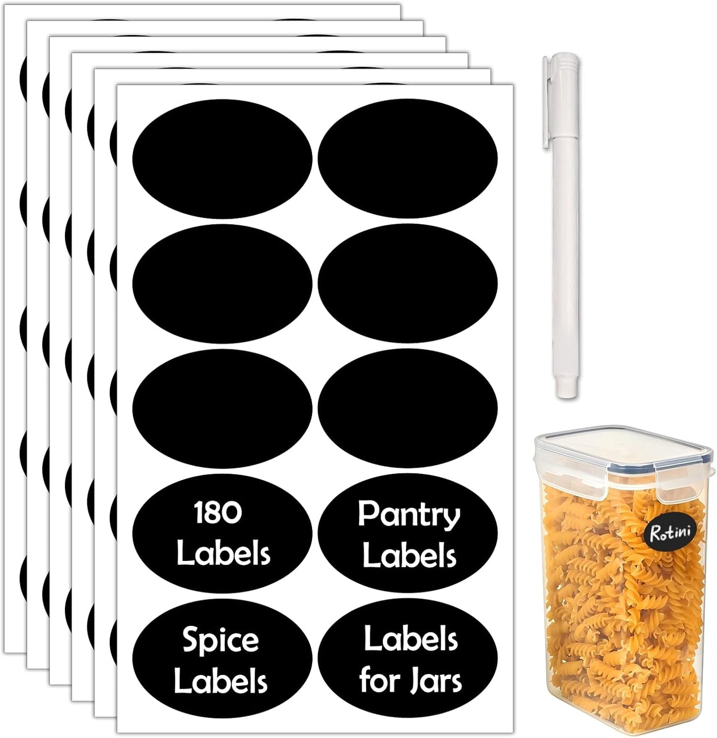 JIEHENG 180Pcs Labels for Jars,Black Wavy Stickers with 1 Chalk Markers | Black,Shape of Wavy,Reusable,Removable Labels for Storage Bins