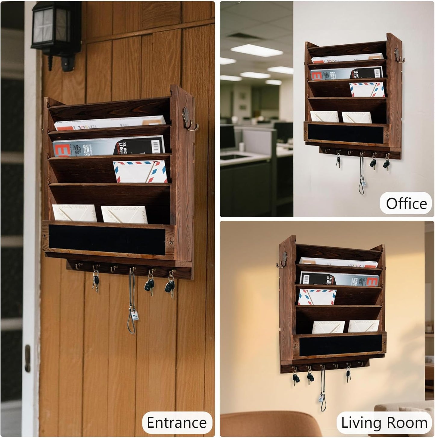 Rustic wall mail organizer,Key and Mail File Holder for Wall Mount | 6 Key Hooks 2 Double Key Hooks A blackboard,for Home,Office, Classroom,Entryway Decor (brown)