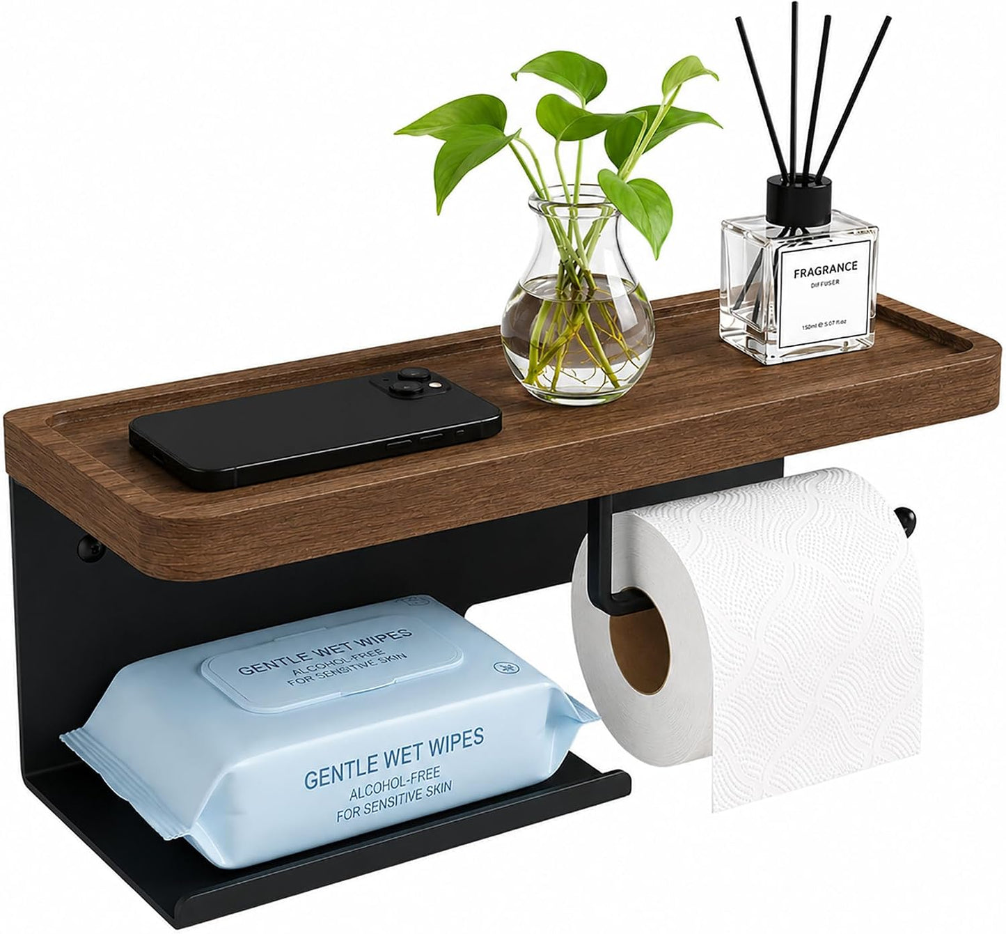 Toilet Paper Holder with Wide Walnut Shelf, Wall Mount Matte Black | 14.29 X 4.8 in Wide Solid Wood Shelf with Waterproof Finish,Rust-Resistant SUS304 Stainless Steel,Adhesive or Screw Mount