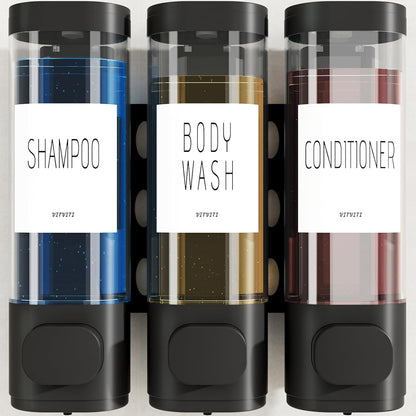 Shampoo and Conditioner Dispenser for Shower Wall Mount 3 Chamber, Black | Shower Soap Dispenser for Wall, 10.2 OZ Plastic Refillable Body Wash Bottles for Bathroom, No Drill Wall Mounted