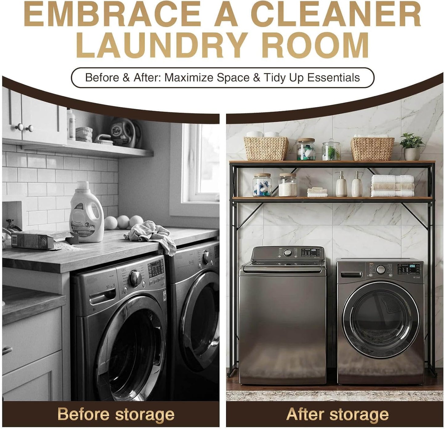 Laundry Over The Washer and Dryer Storage Shelf, 2 Tiers Laundry Room Freestanding Shelf with Adjustable Shelves, Double Layer Organizer for Top Load and Front Load Washers Dryers