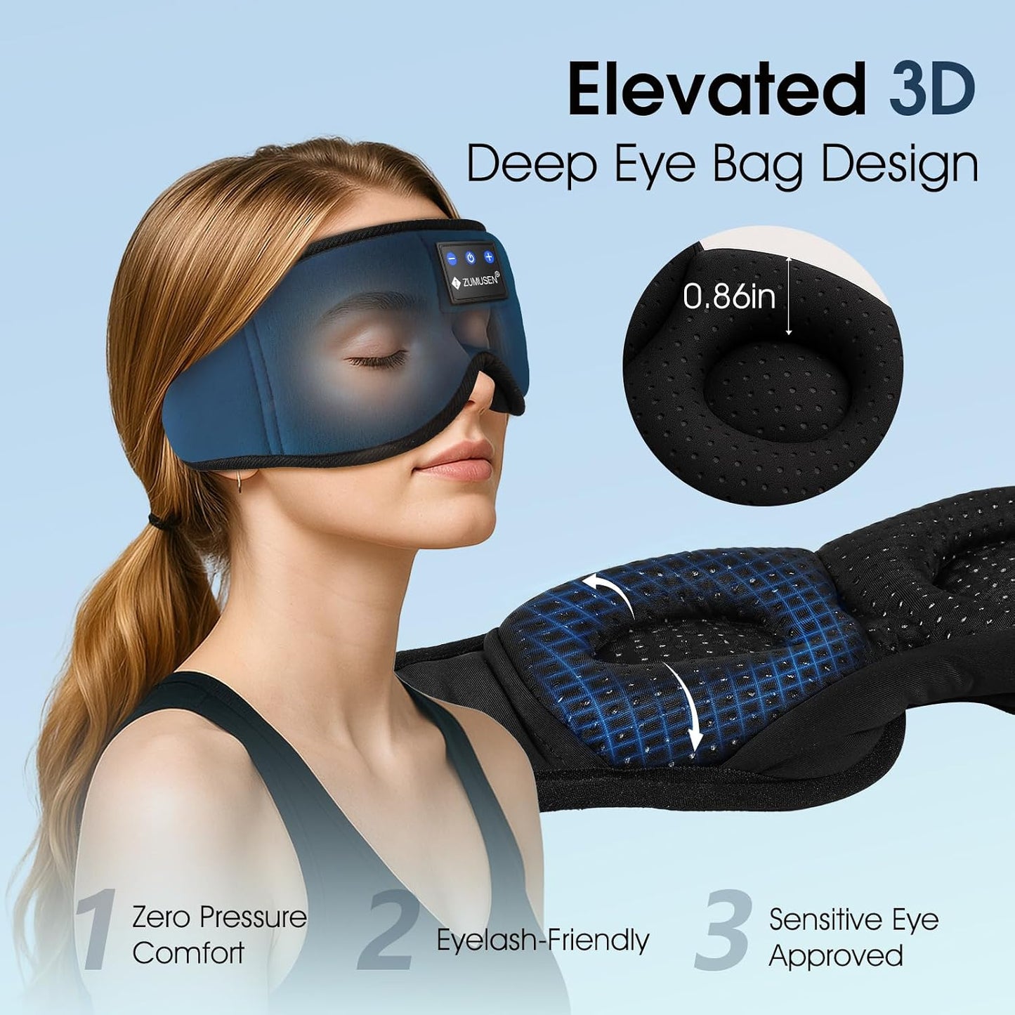 ZUMUSEN Bluetooth Sleep Headphones Mask with 3D Stereo Speakers | Wireless Ultra-Thin Music Eye Cover for Side Sleepers, Adjustable Strap for Travel, Meditation, Yoga, Naps, and Relaxation