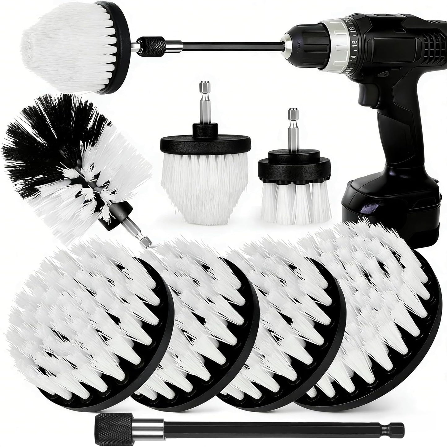 8 Pack Drill Brush Attachment Set, 1/4in Power Scrubber Brush + Extend Long Rod, Multi-Purpose Power Cleaning Scrub Brush for Bathroom, Tub, Tile, Corner, Floor(Red)