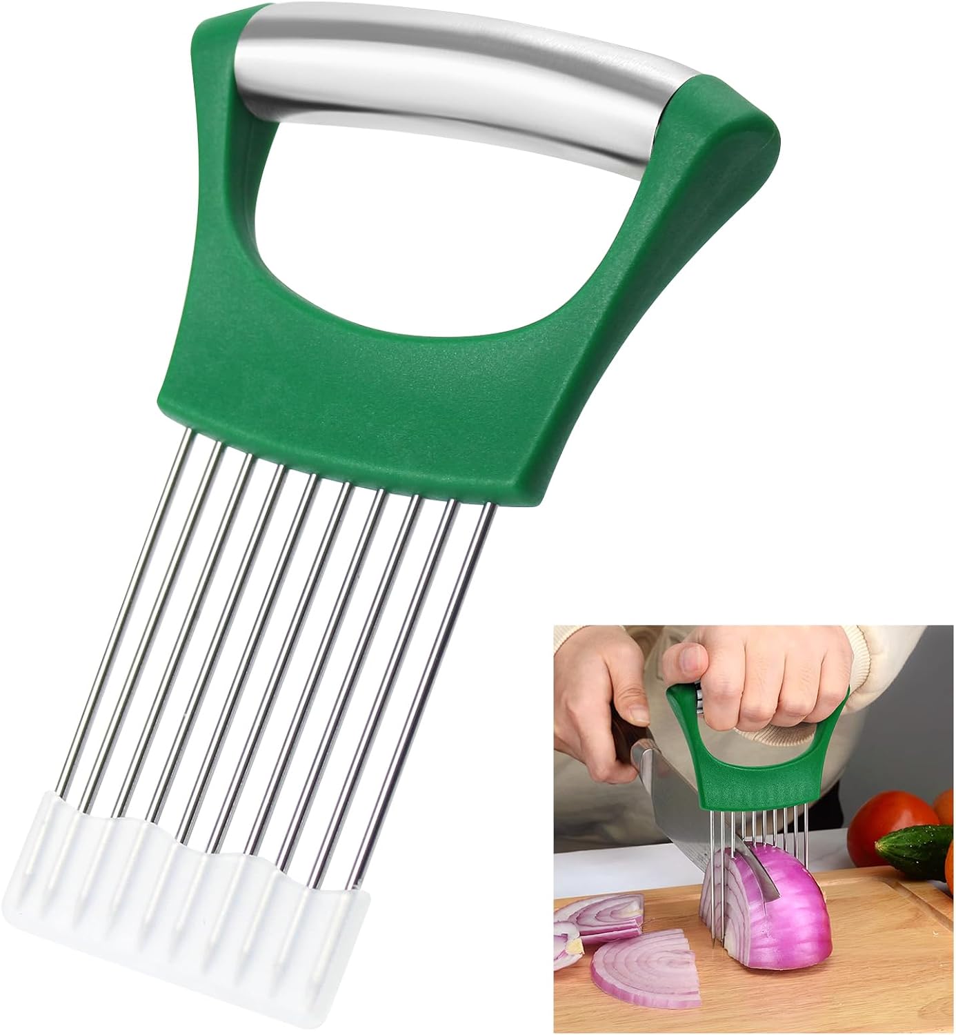 Stainless Steel Onion Holder for Slicing,Onion Slicer Holder,Kitchen Gadget | Green Onion Slicer Holder, Onion Cutter for Slicing of Onions, Tomatoes, Avocados, Eggs and Other Vegetables