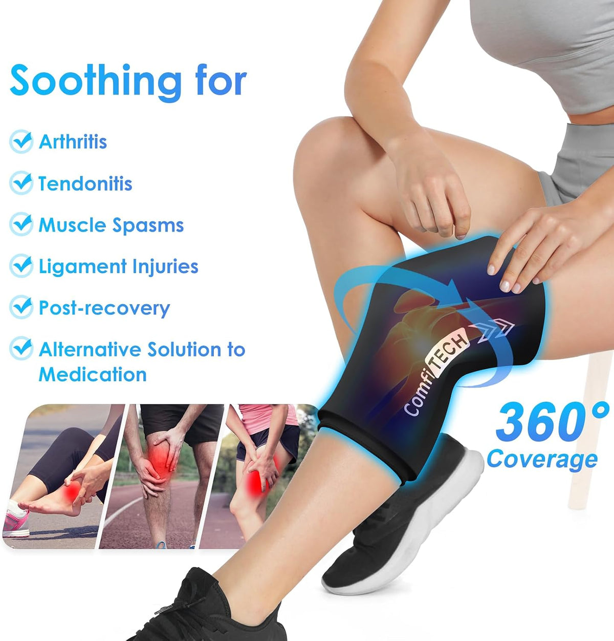 ComfiTECH Reusable Knee Ice Pack Wrap, Flexible Cold Gel Pack Sleeve, M