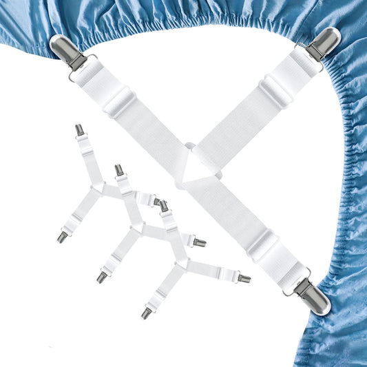 FeelAtHome Adjustable Bed Sheet Clips & Corner Fasteners, 4 Pack, White