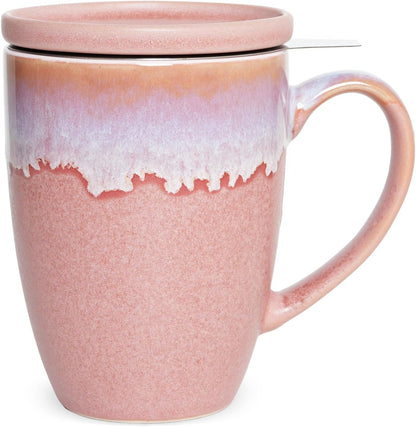 Bosmarlin Ceramic Tea Cup with Infuser and Lid, 13.5 Oz, Loose Leaf Tea Steeper Mug with Strainer, Microwave and Dishwasher Safe, Reactive Glaze (13.5 Oz, Pale Green)