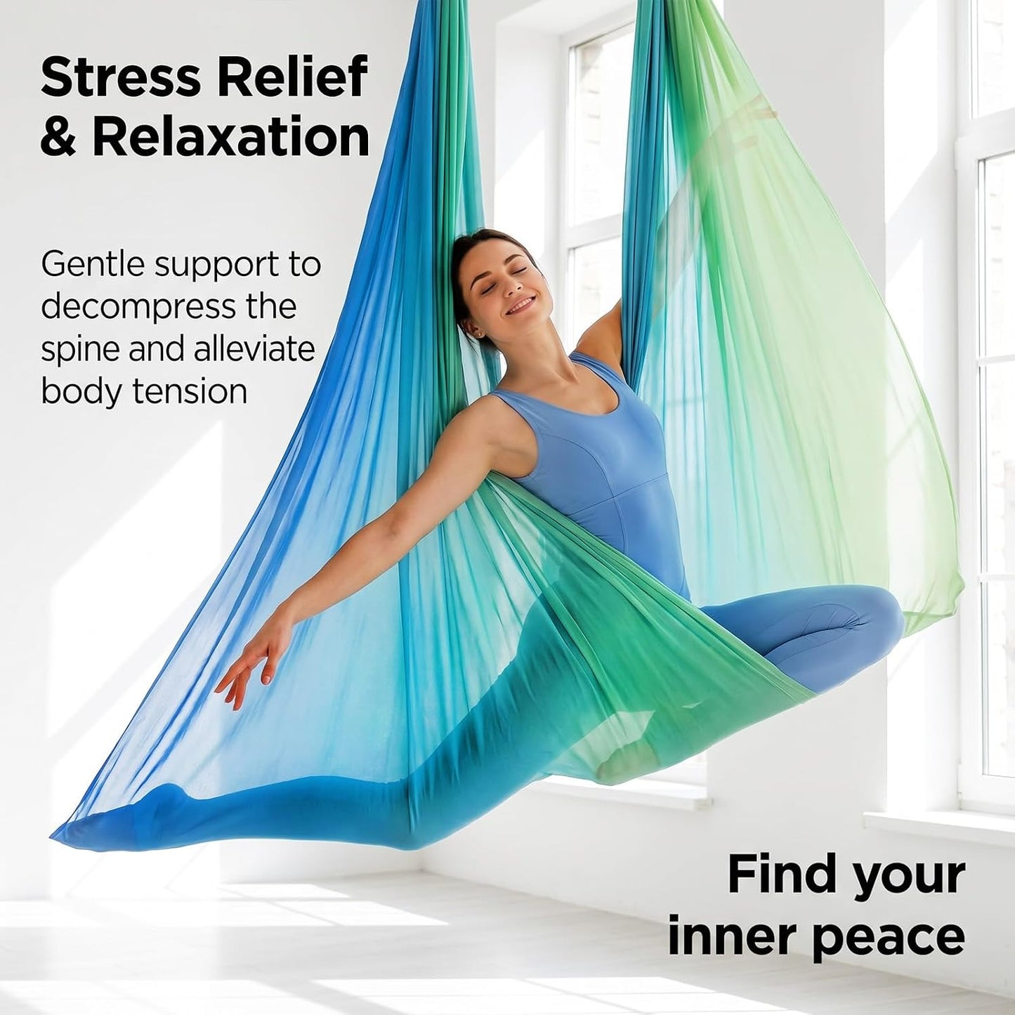 Blue-Green Gradient & Dark Green Aerial Yoga Hammock (400x180 cm / 157"x71"), Soft Silk Swing for Anti-Gravity Yoga, Inversion Therapy, Ideal for Strength, Flexibility Training and Stress Relief
