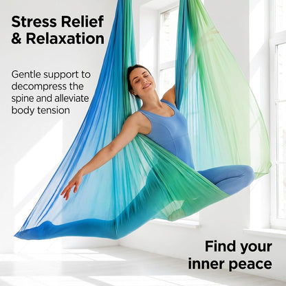Blue-Green Gradient & Dark Green Aerial Yoga Hammock (400x180 cm / 157"x71"), Soft Silk Swing for Anti-Gravity Yoga, Inversion Therapy, Ideal for Strength, Flexibility Training and Stress Relief