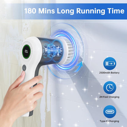 PUFTEM Electric Spin Scrubber, Cordless Shower Scrubber | Battery Level Display, Dual Speed, 6 Replaceable Brush Heads, IPX7 Waterproof, Long Runtime, Tub, Tile & Sink Cleaning