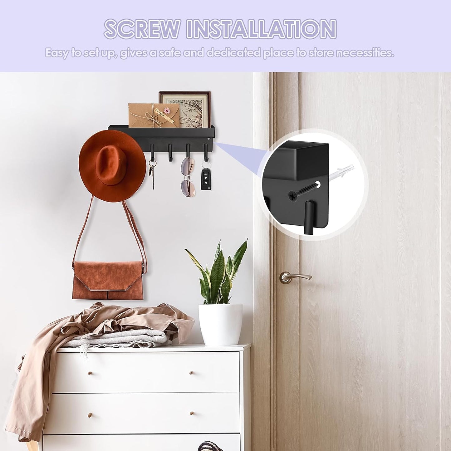 VIS'V Key Holder Wall Mount, Adhesive Key Rack with Tray, 6 Hooks, Black | 2 Mount Options, Compact Discreet Design, Suitable for Entryway, Hallway, Doorway, Kitchen, Garage, Camper