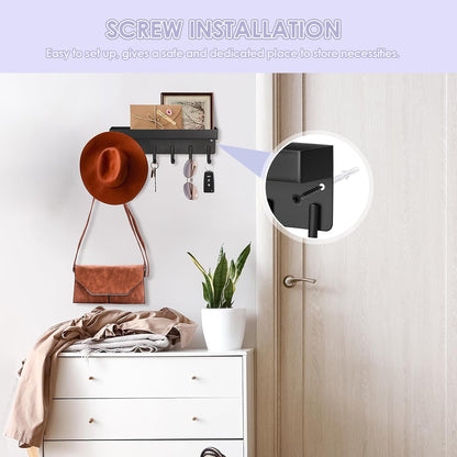 VIS'V Key Holder Wall Mount, Adhesive Key Rack with Tray, 6 Hooks, Black | 2 Mount Options, Compact Discreet Design, Suitable for Entryway, Hallway, Doorway, Kitchen, Garage, Camper