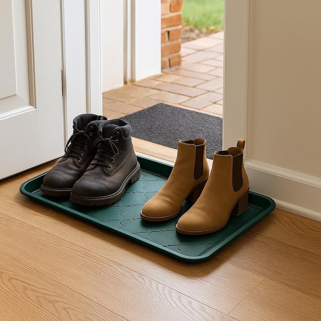 2 Pack Boot Tray & Shoe Mat for Entryway – 16.5" x 12.5" Floor Protector for Wet & Muddy Shoes, Pets, Plants – Waterproof Plastic with Raised Edge for Indoor/Outdoor Use (Green)