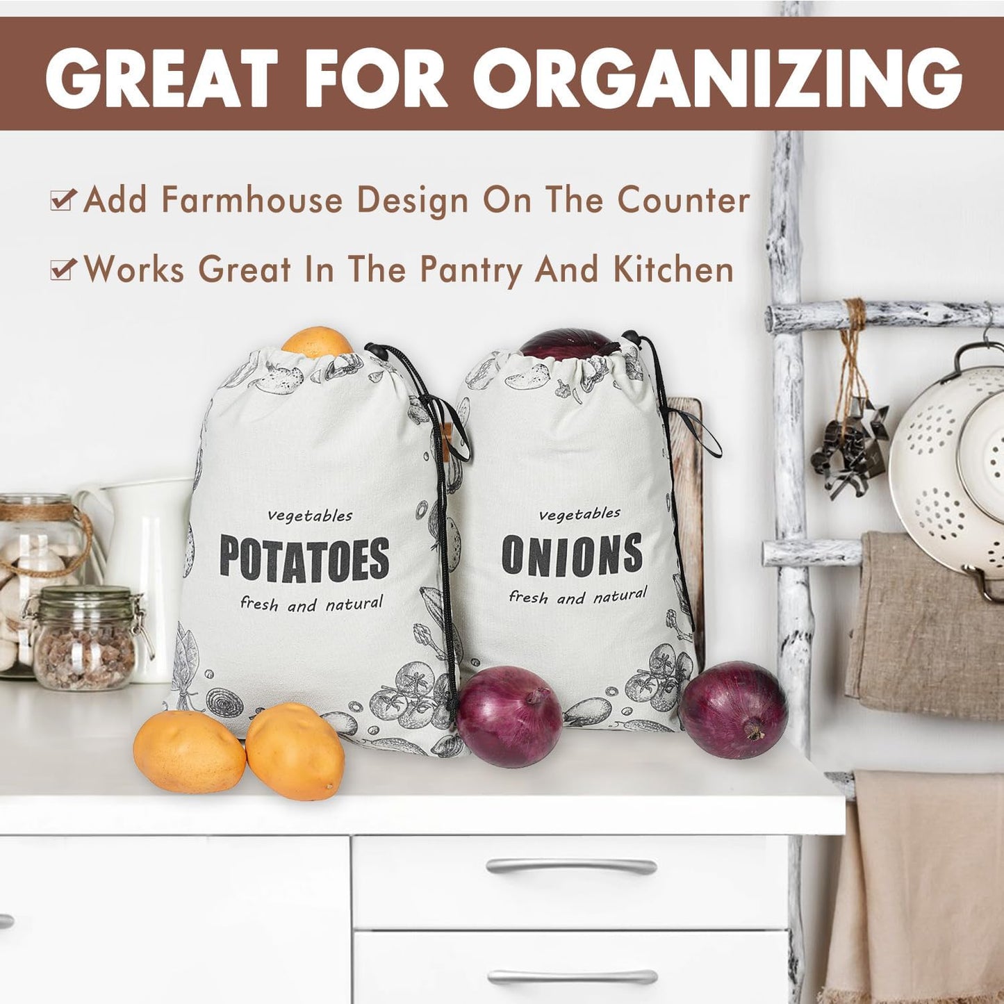 TOGETRUE Potato Onion Storage Bag, Washable Canvas Onion and Potato Storage Bag, Drawstring Garlic Onions Potatoes Keeper with Side Zipper for Pantry, Kitchen, Refrigerator (Potato Onion Bag)