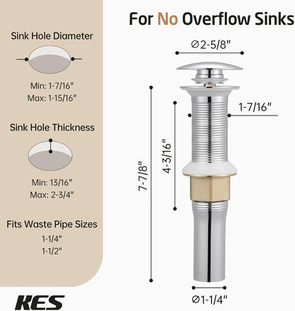 KES All Metal Bathroom Sink Drain with Strainer Basket Hair Catcher Anti Clog Pop Up Drain Stopper for Lavatory Vanity Vessel Sink with Overflow, Rustproof 18/8 Stainless Steel Matte Black S2013A-BK