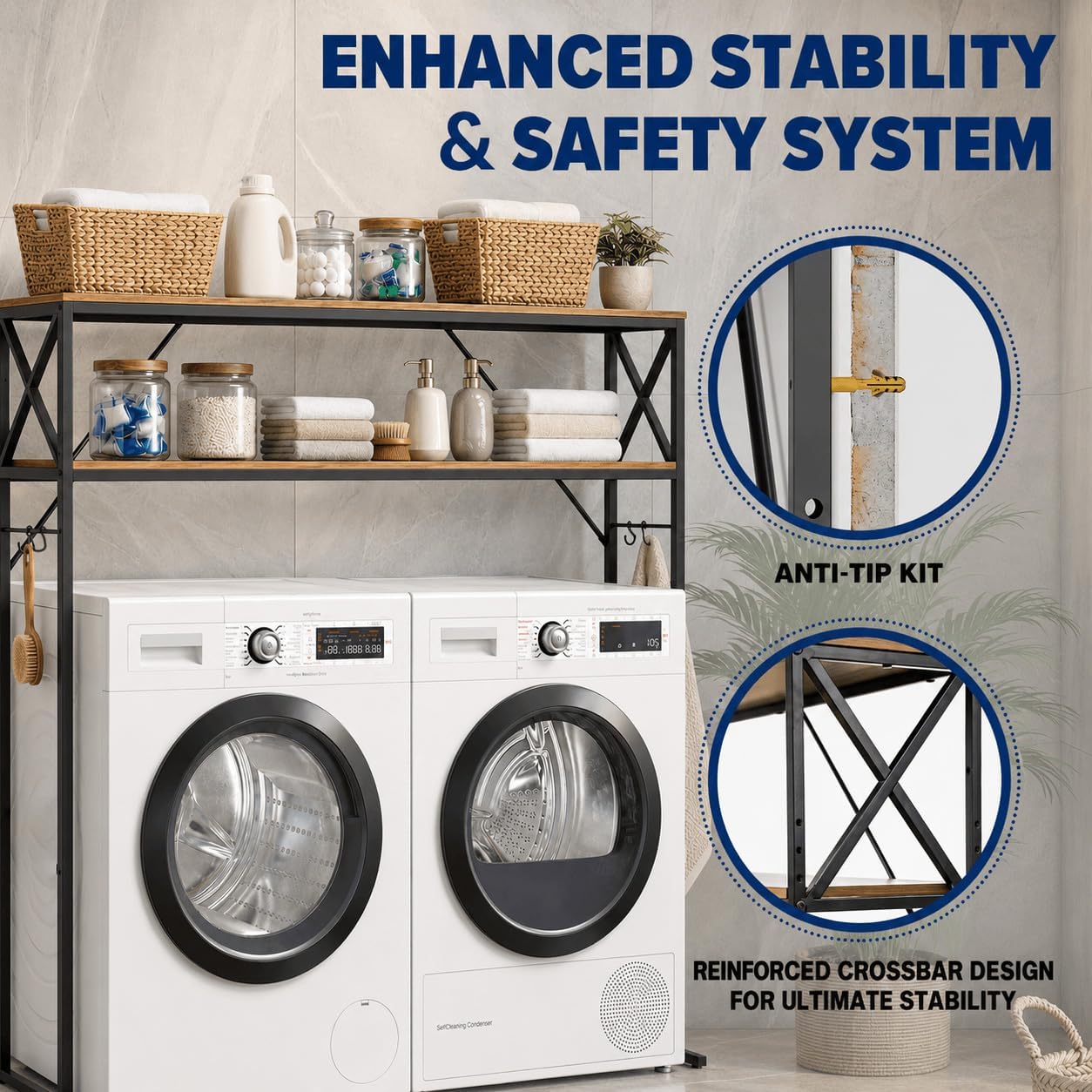 Furnaza 59.1" H 3-Tier Laundry Room Over Washer Dryer Shelf, Adjustable | Heavy Duty Steel, 110LB Capacity, 54.7"Wx9.4"D Interior, Easy Assembly, Great for Bathroom Laundry Mudroom Pantry Workshop