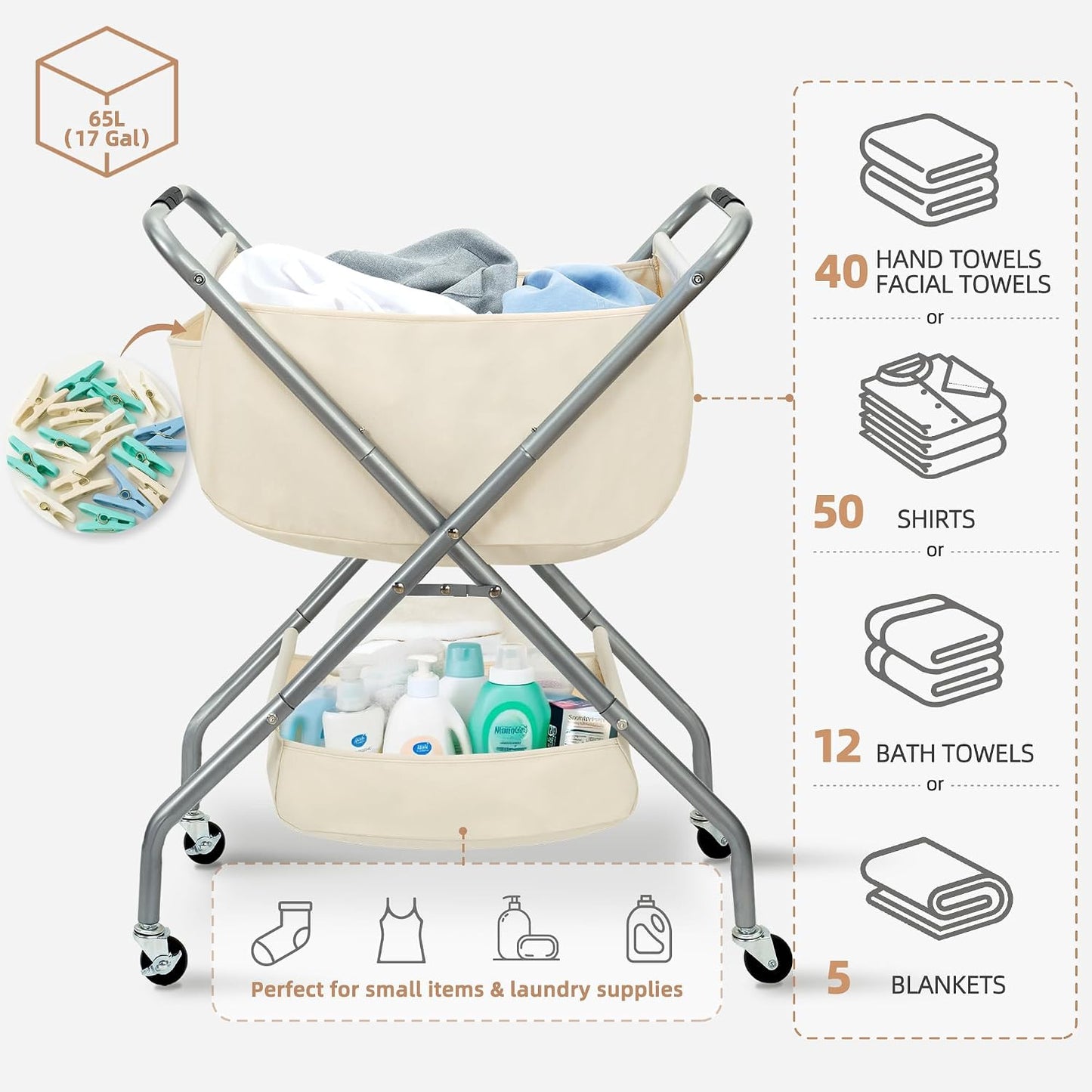 STORAGE MANIAC Collapsible Laundry Cart with Wheels 35.6"H Removable Canvas Bag Rolling Laundry Hamper Clothes Basket with Wheels, Sturdy Steel Frame Folding for Small Narrow Space Easy Storage, Beige