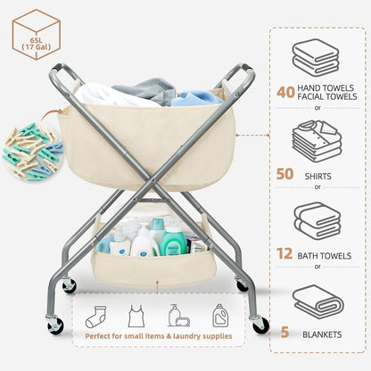 STORAGE MANIAC Collapsible Laundry Cart with Wheels 35.6"H Removable Canvas Bag Rolling Laundry Hamper Clothes Basket with Wheels, Sturdy Steel Frame Folding for Small Narrow Space Easy Storage, Beige