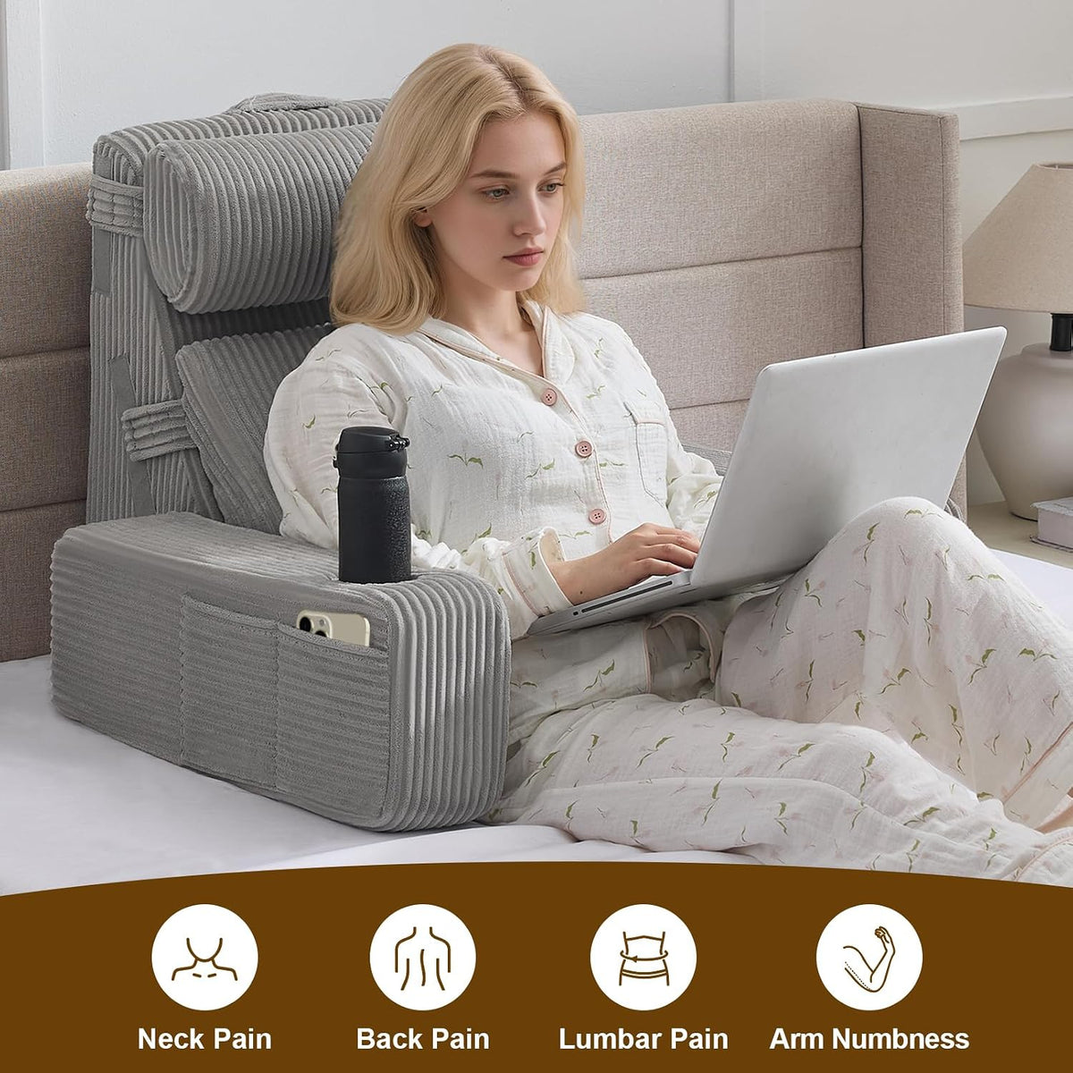 Reading Pillow for Sitting in Bed Adult, Back Pillow for Bed Sitting up with Arms, Pockets and Cup holder, Sit Up Backrest Pillows for Beds Chair Support, Rest Pillow for Gaming (Light gray)