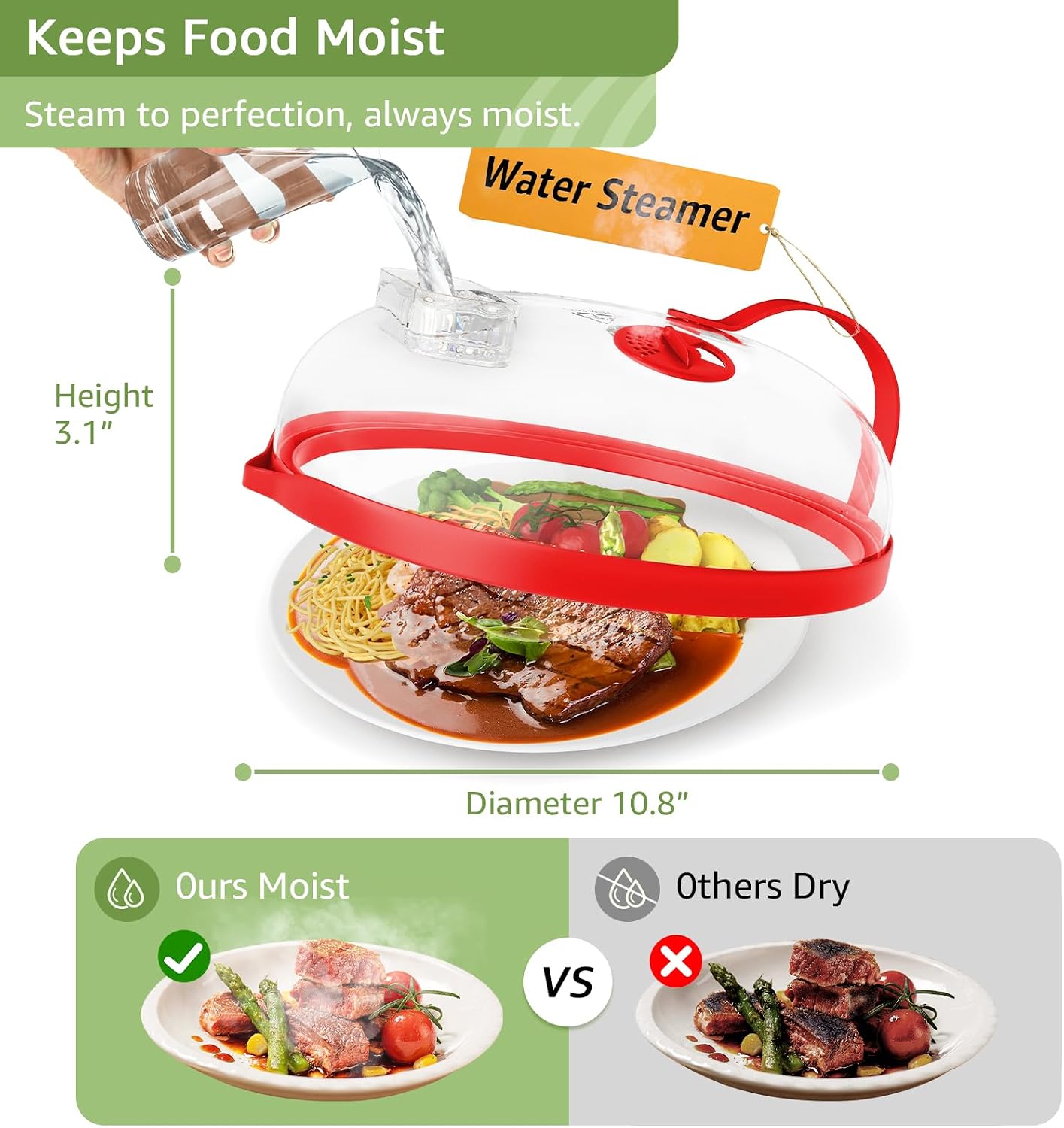 Microwave Splatter Cover with Water Steamer for Food - 10 Inch Steam Microwave Splatter Guard with Handle Plate Covers for Heating Food Splash Oven Lid with Built in Steamer