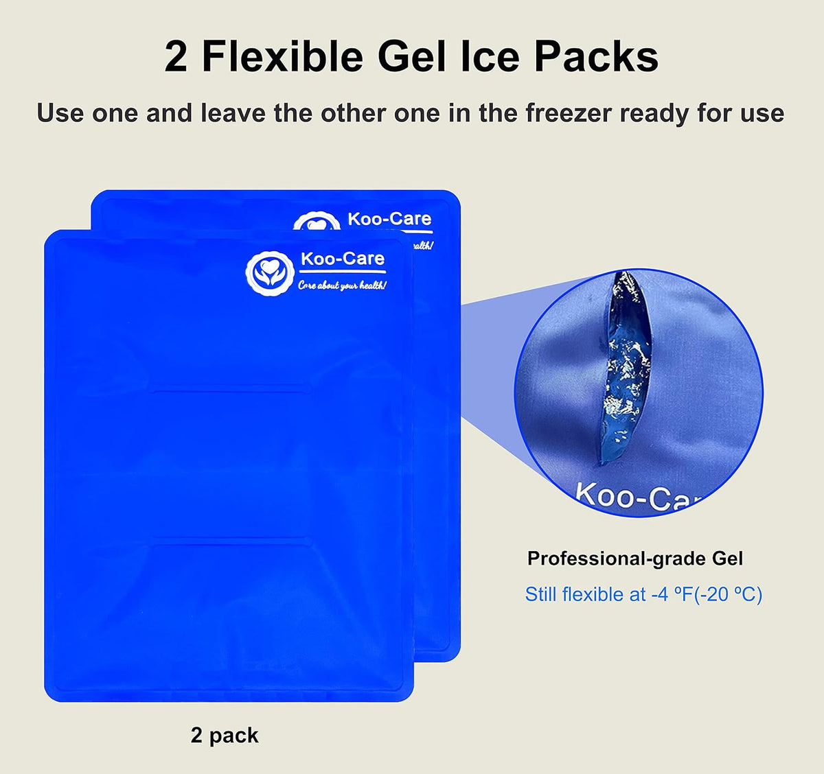 Koo-Care Large Flexible Gel Ice Pack for Injuries Reusable Hot Cold Compress - Fit for Shoulder Arm, Back, Hip, Knee, Shin, Foot Pain Relief, Swelling, Physical Therapy (L, 11" x 14") Pack of 2