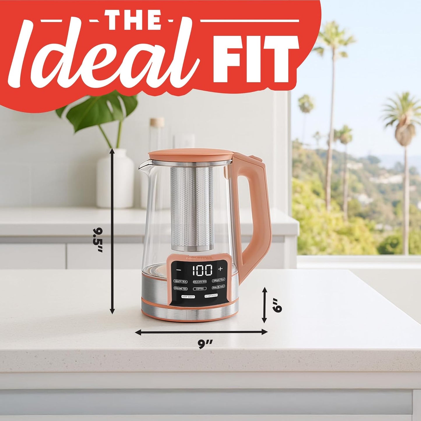 Gourmia Electric Glass Kettle – 1.7L Programmable Tea & Coffee Brewer with Digital Touch Display, 6 Presets, Removable Stainless Steel Infuser, Cordless with 360° Swivel Base, Black