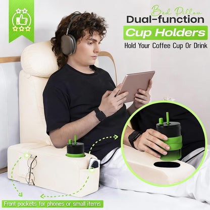 21 INCH Reading Pillow for Adults, Back Pillow for Bed Sitting Up, Backrest Pillow for Sitting in Bed, Detachable Arms with Built-in Cup & Phone Caddy (Gray, 21 INCH)