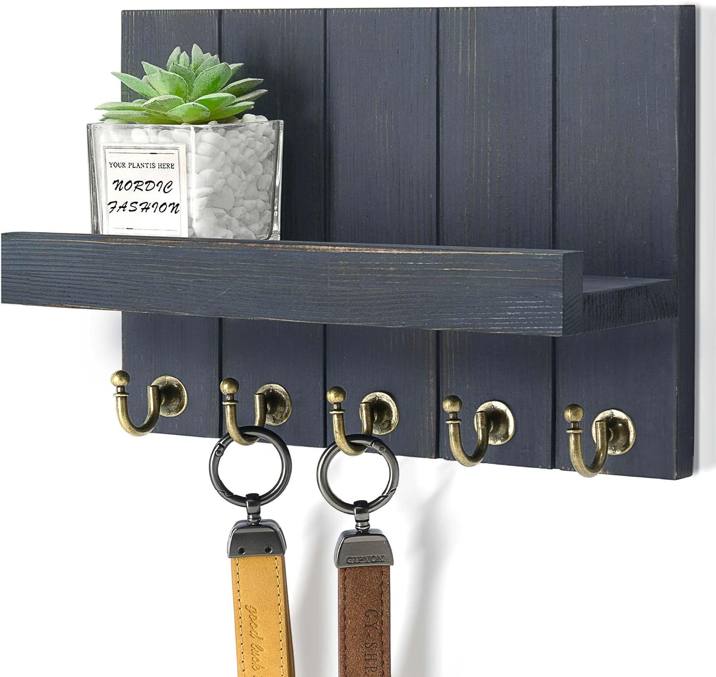 Rebee Vision Key Holder Wall Mount with 5 Key Hooks for Home Decor, Brown | 3.54'' x 10'' x 7.28'', Small Shelf for Display Plant, Key Hangers for Hat, Entryway Space-Saving Storage