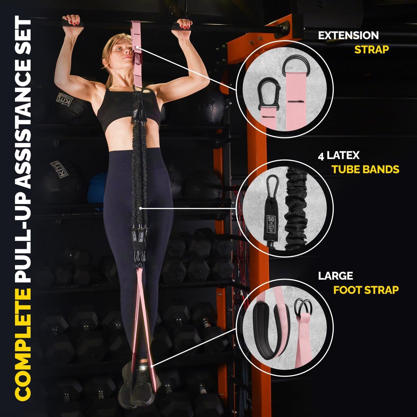 Pull Up Assistance Bands Set with 4 Levels, Adjustable Strap and Foot Rest | 50–200 lb stackable pull-up assistance, nylon-sleeved bands, adjustable support, reduced snap-back risk