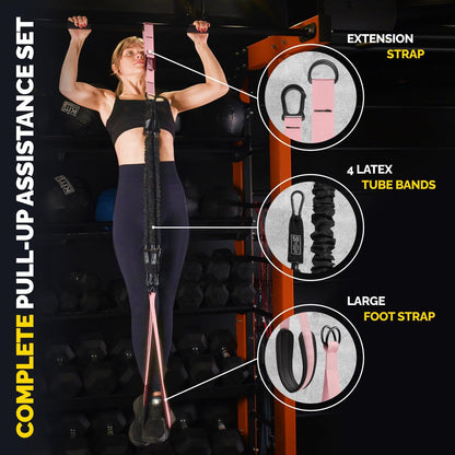 Pull Up Assistance Bands Set with 4 Levels, Adjustable Strap and Foot Rest | 50–200 lb stackable pull-up assistance, nylon-sleeved bands, adjustable support, reduced snap-back risk