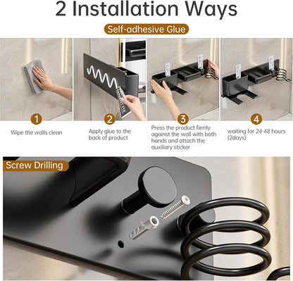 5 in 1 Hair Dryer Holder Hair Tool Organizer Metal Wall Mount (Black) | Curling iron and flat iron storage, Heavy-duty metal rack for styling tools, Cluttered countertops solution for space saving