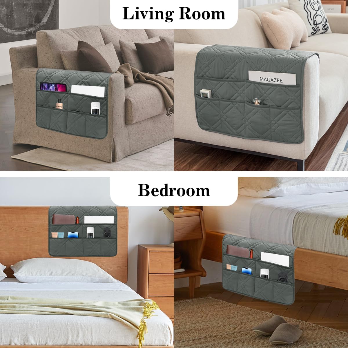 Couch Armrest Organizer Remote Control Holder Bedside Caddy with 6 Pockets, Non-Slip Armchair Caddy Sofa Armrest Organizer for Tv Remote Control, Magazine, Cell Phone, Beige