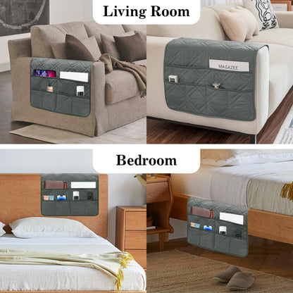 Couch Armrest Organizer Remote Control Holder Bedside Caddy with 6 Pockets, Non-Slip Armchair Caddy Sofa Armrest Organizer for Tv Remote Control, Magazine, Cell Phone, Beige