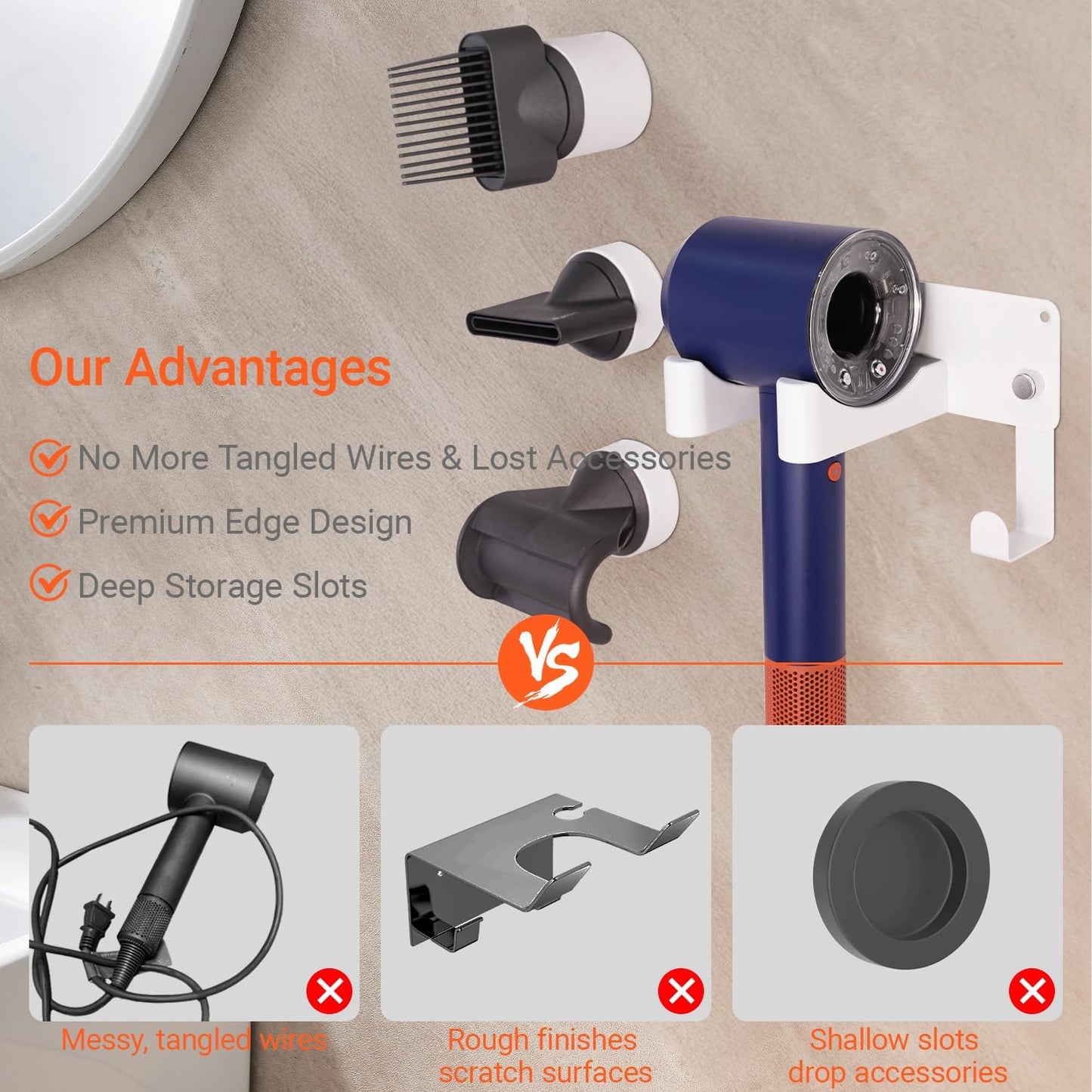 Hot Tools Organizer, Hair Tool Organizer Wall Mount Aluminum Alloy, Space-Saving Curling Iron Holder for Vanity & Bathroom with Stainless Steel Cups White CHOCHOYAH