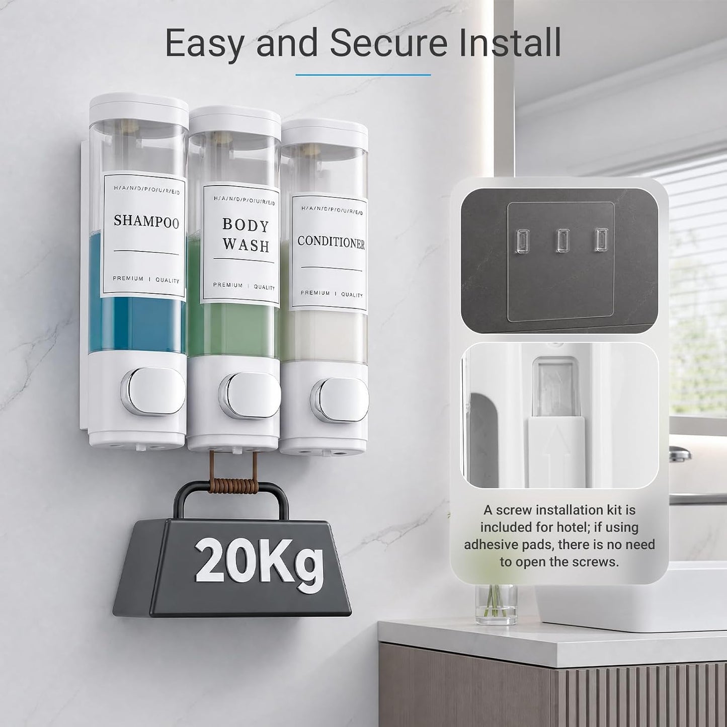 Shampoo and Conditioner Dispenser, Shower Soap Dispenser Wall Mounted, Shampoo Dispenser for Shower Wall No Drill, Bathroom Body Wash Dispenser 2 * 350ml White 2 Chamber